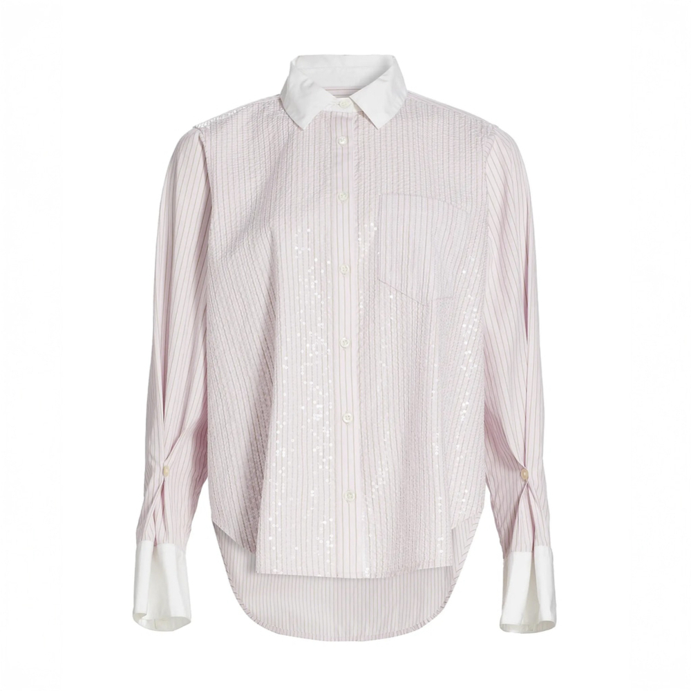 NWT Derek Lam 10 Crosby Wesley Sequined Striped Cotton Shirt Pink $395 - Size M - Picture 2 of 12